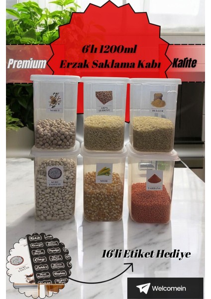 6'lı Şeffaf Saklama Kabı Seti, Gıda ve Bakliyat Için, 1,2 Lt, Etiketli, Çeyiz Uyumlu