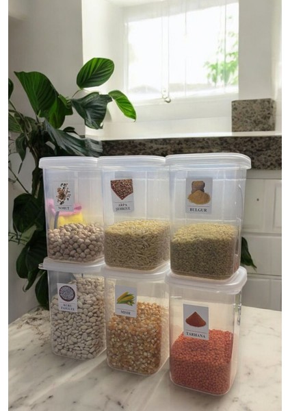 6'lı Şeffaf Saklama Kabı Seti, Gıda ve Bakliyat Için, 1,2 Lt, Etiketli, Çeyiz Uyumlu modelleri