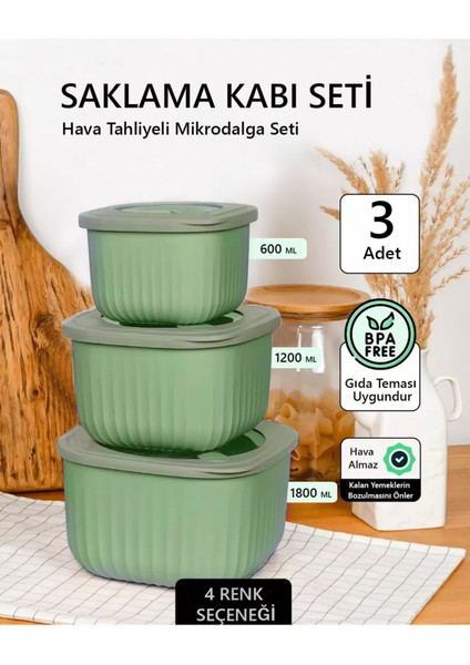 3'lü Silikon Kapaklı Saklama Seti, Mikrodalga ve Buzluk Için Yeşil