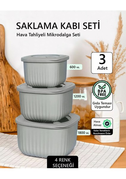3'lü Silikon Kapaklı Saklama Seti, Mikrodalga ve Buzluk Uyumlu, Hava Geçirmez Gri