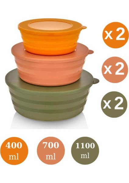 Yeşil Kapaklı Saklama Kabı Seti, 6'lı, 3 Boy, 400ML, 700ML, 1100ML fiyatları