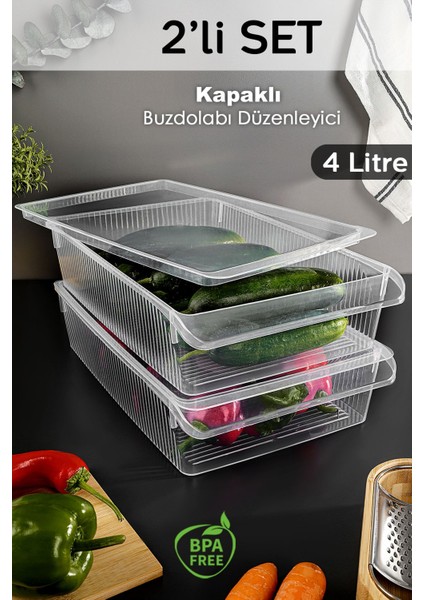2 Adet Beyaz Kapaklı Saklama Kabı, 4 Litre, Organizer, Düzenleyici, Meyve ve Sebze Kutusu