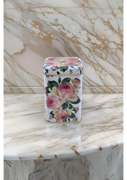 Pembe Rose Desenli Kare Metal Saklama Kabı 11X11 Cm, Şık ve Fonksiyonel Tasarım