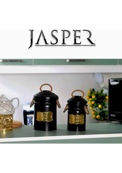 Şık Metal 2'li Saklama Kutusu, Siyah Dekoratif Çay ve Şeker Saklama Seti