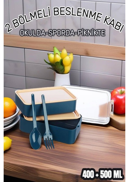 2 Bölmeli Kilitli Beslenme Kabı Seti, 500 ML+400 Ml, Okul, Ofis, Spor, Piknik, Diyet Için
