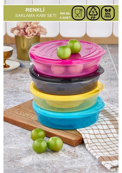 4'lü Şeffaf Renkli Saklama Kabı Seti, 900 Ml, Pratik ve Şık Erzak Saklama