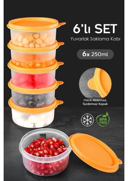 6'lı Yuvarlak Saklama Kabı Seti, 6X250ML, Turuncu, Organizer ve Düzenleyici