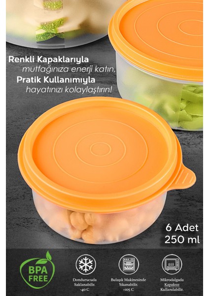 6'lı Yuvarlak Saklama Kabı Seti, 6X250ML, Turuncu, Organizer ve Düzenleyici fiyatları