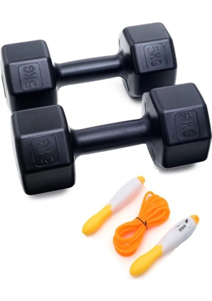 Çift 5 kg Dambıl ve Sayaçlı Atlama Ipi Seti, Siyah, Spor Için Ideal