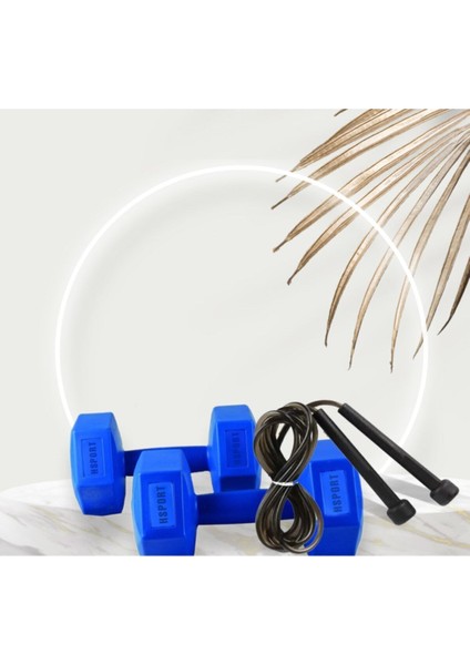 1kg x 2 Adet Mavi Dambıl ve Atlama Ipi Seti, Vinyl Kaplama, Sağlıklı Spor Seti