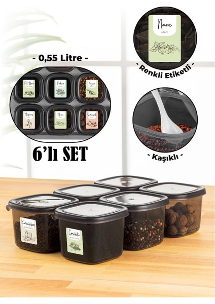 Renkli Etiketli Kaşıklı 6'lı 0,55 Litre Kare Baharatlık Saklama Kabı Antrasit