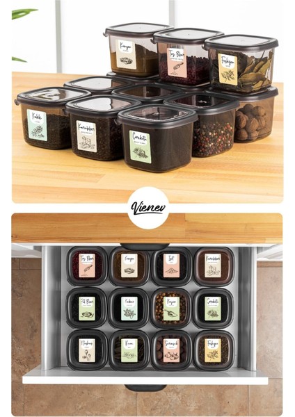 Renkli Etiketli Kaşıklı 6'lı 0,55 Litre Kare Baharatlık Saklama Kabı Antrasit