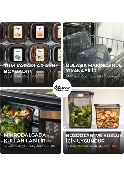 Renkli Etiketli Kaşıklı 6'lı 0,55 Litre Kare Baharatlık Saklama Kabı Antrasit