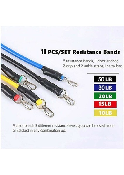 11 Parça Mavi Egzersiz Direnç Lastiği Seti Kapı Bağlantılı