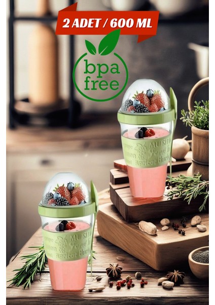 2 Adet Renkli Kapaklı Çatal Kaşıklı Saklama Kabı, 600 ml