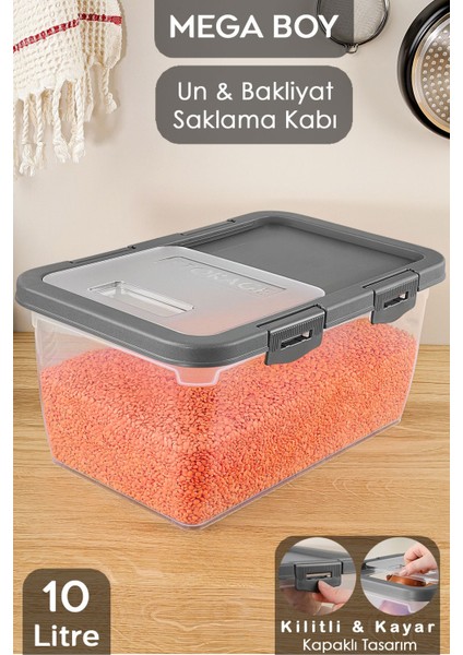 Kayar Kapaklı Çok Amaçlı Saklama Kabı, 10 Lt, Gri, Erzak ve Şekerlik Için Ideal