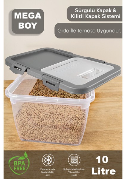 Kayar Kapaklı Çok Amaçlı Saklama Kabı, 10 Lt, Gri, Erzak ve Şekerlik Için Ideal modelleri