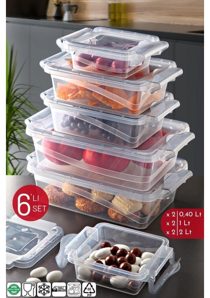 6’lı Set Şeffaf Dikdörtgen Saklama Kabı, Kilitli, Hafif ve Dayanıklı