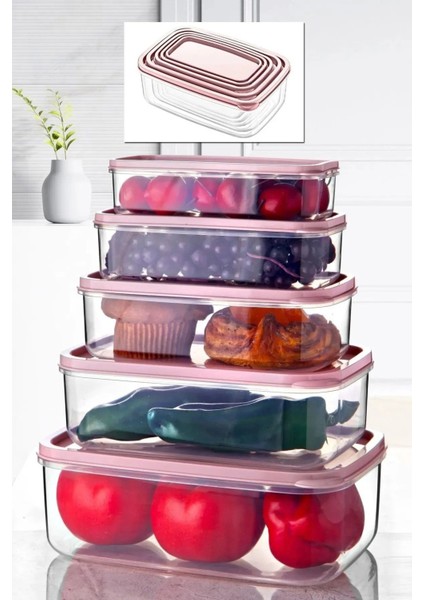 Pembe 5'li Şık Dikdörtgen Saklama Kabı, Mikrodalga ve Dondurucu Uyumlu