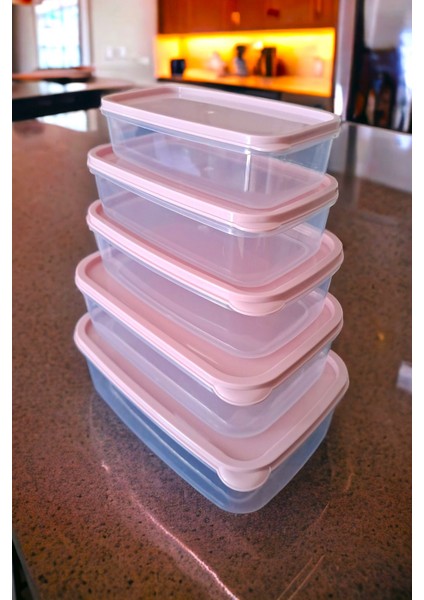 Pembe 5'li Şık Dikdörtgen Saklama Kabı, Mikrodalga ve Dondurucu Uyumlu fırsatları