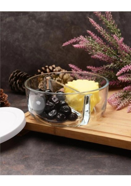 2 Bölmeli Cam Saklama Kabı, Kahvaltılık ve Tereyağlık, 785CC, Beyaz