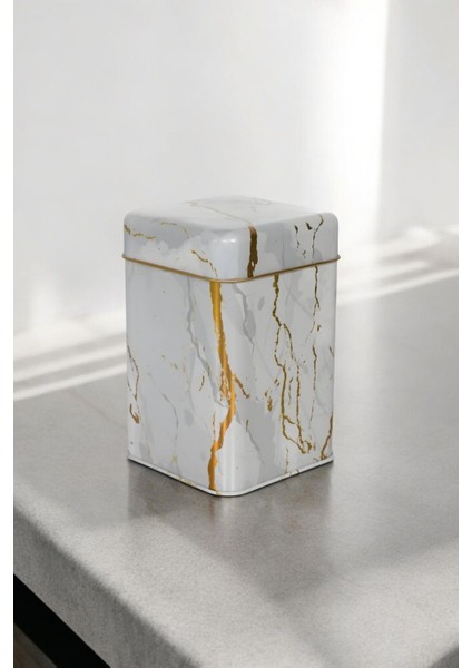 Marble White Desenli Kare Metal Saklama Kabı 11X11 Cm, Şık ve Dayanıklı Ev Düzenleme Ürün