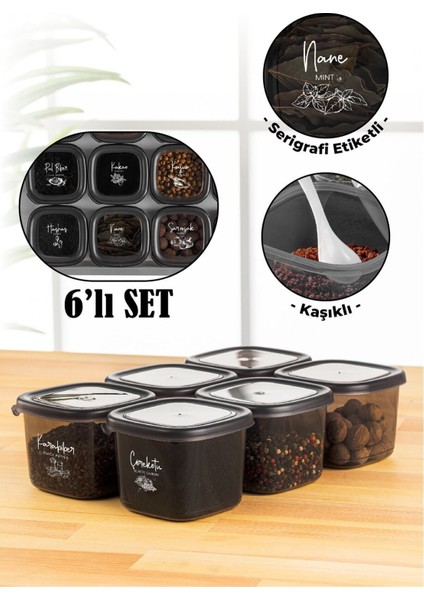 Gri Serigrafi Etiketli 6'lı 0,55L Kare Baharat Saklama Kabı