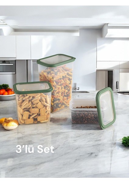 3'lü Haki Dikdörtgen Saklama Kabı Seti, Bakliyat ve Erzak Saklama Kutusu
