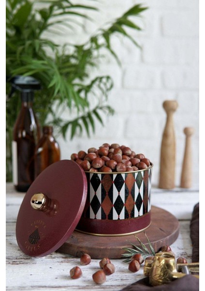 Renkli Desenli Yuvarlak Metal Saklama Kabı 14X10 Cm, 1,3 Lt