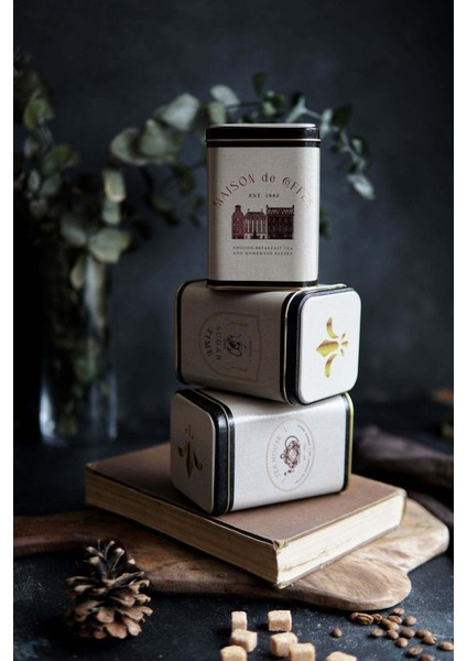 Lacivert Desenli 3'lü Kare Metal Saklama Kabı Seti, 7,5X7,5X10 Cm, 0,5 Lt