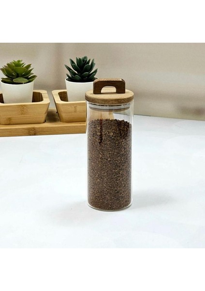 Şeffaf 320ML Cam Kavanoz, 6.5X15 Cm, Kahverengi Detaylı, Şık ve Kullanışlı.