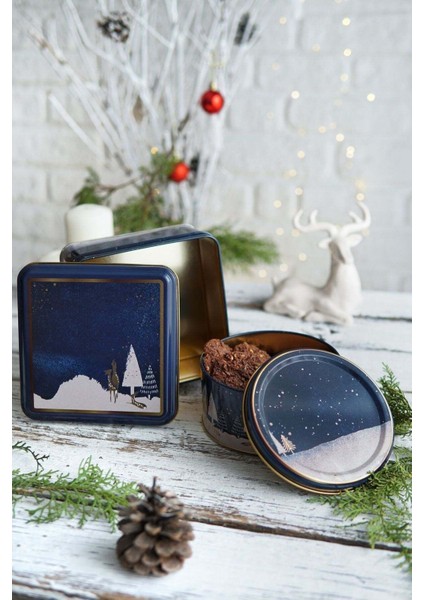 Kış Geyiği Desenli 2'li Metal Saklama Kabı Seti, 1,9 Lt + 1,1 Lt, Bordo