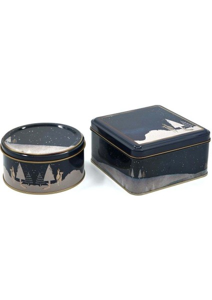 Kış Geyiği Desenli 2'li Metal Saklama Kabı Seti, 1,9 Lt + 1,1 Lt, Bordo