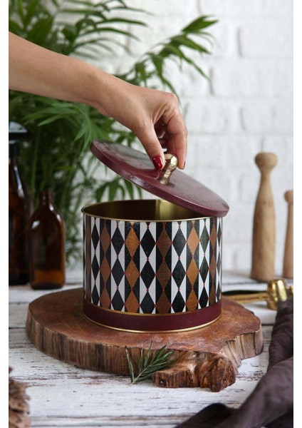 Festival Desenli Yuvarlak Metal Saklama Kabı, 17,5X13 Cm, 2,9 Lt, Turuncu