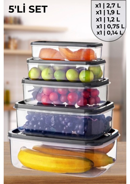 5'li Dikdörtgen Şeffaf Saklama Kabı Seti, Şık ve Pratik Mutfak Düzeni Sağlar