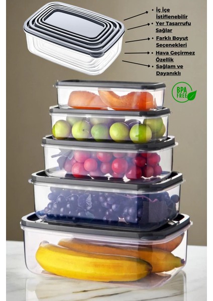 5'li Dikdörtgen Şeffaf Saklama Kabı Seti, Şık ve Pratik Mutfak Düzeni Sağlar fiyatları