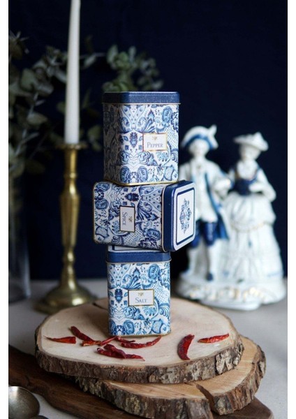 Sarı Desenli 3'lü Kare Metal Saklama Kabı Seti, 7,5X7,5X10CM, 0,5 Lt