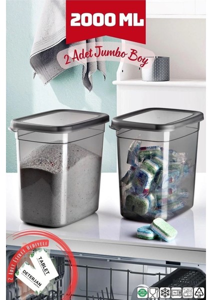 2000 ml Jumbo Boy Tablet ve Deterjan Saklama Kabı 2'li Set, Antrasit Renk