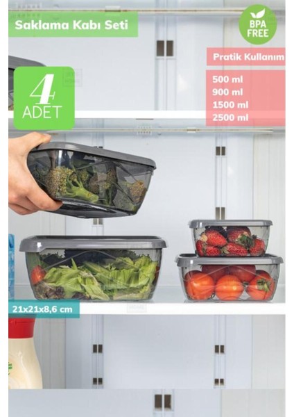 Genişli ve Şık 4’lü Kare Saklama Kabı Seti, Bpa Free, Gri Renk, Erzak ve Buzluk Için Ideal