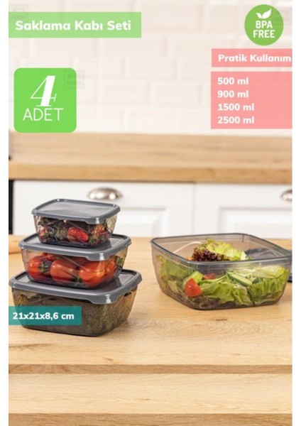 Genişli ve Şık 4’lü Kare Saklama Kabı Seti, Bpa Free, Gri Renk, Erzak ve Buzluk Için Ideal fiyatları