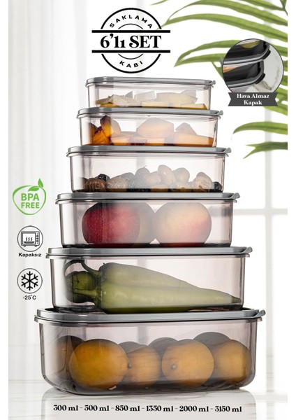 Altı Parça Gri Dikdörtgen Şeffaf Saklama Kabı Seti, Pratik ve Şık Organizatör