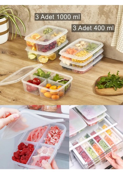 Turuncu 6'lı Saklama Seti, 3 Adet 400 ml ve 3 Adet 1000 Ml, 4 Bölmeli