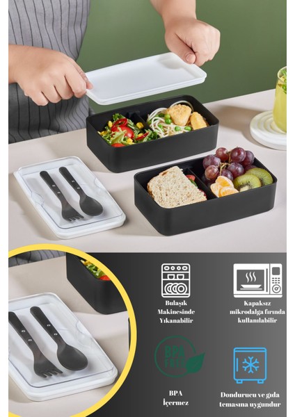 Iki Katlı Siyah Ayarlanabilir Bölmeli Beslenme Kabı, Çatal ve Kaşıklı