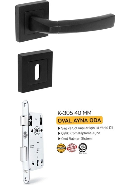 Paslanmaz Kare Rozetli Mat Siyah Oda Kapı Kolu ve Kilit Seti 40 mm