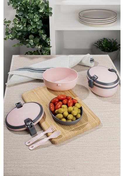 Kendinden Kaşık Çatallı Bölmeli 2 Katlı Beslenme Çantası Pudra