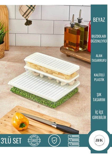 3'lü Şeffaf Kapaklı Saklama Kabı Seti, 2 Küçük, 1 Büyük, Beyaz