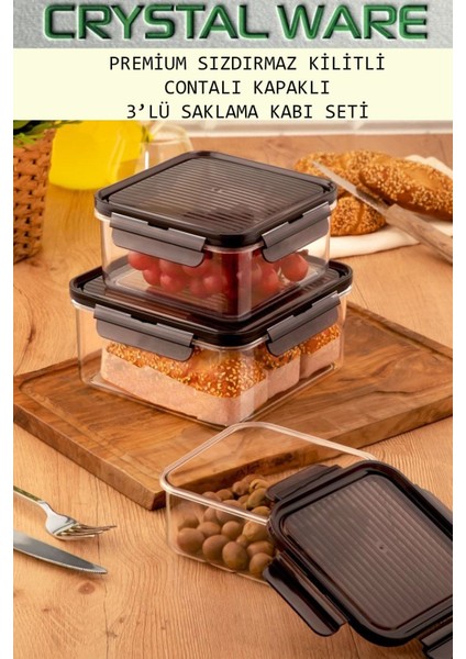 3’lü Kare Saklama Kabı, Sızdırmaz, Contalı, Kilitli, Gri, Kapak, 600-1000-1750 ml