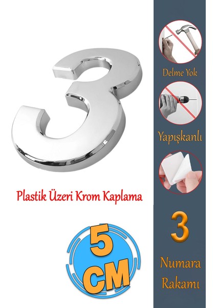 Küçük Boy 50MM 5cm Kapı Numarası 3 Rakam Krom Renk, Yapışkanlı, 1 Adet