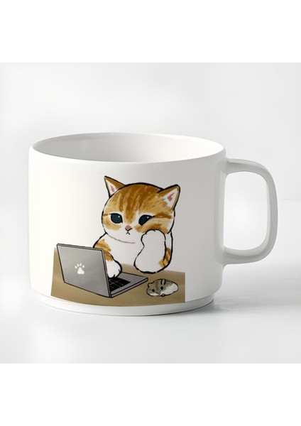 Beyaz 180 ml 2'li Kahve Fincanı ve Kedi Figürlü Kupa Seti