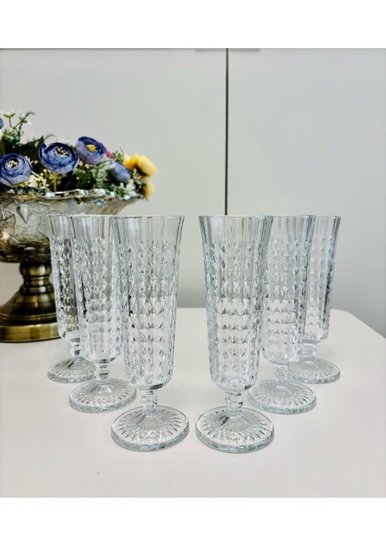 Damalı Ayaklı Kristal Flüt Bardak, 140ML, Bej Renk